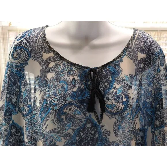 Chicos Blue Paisley Sheer Boho Blouse Size S M Tassel Tie Top Katran - Picture 11 of 11